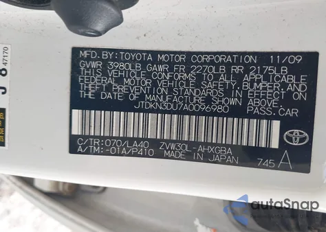 2010 Toyota Prius Iv from USA, damaged, VIN JTDKN3DU7A0096980